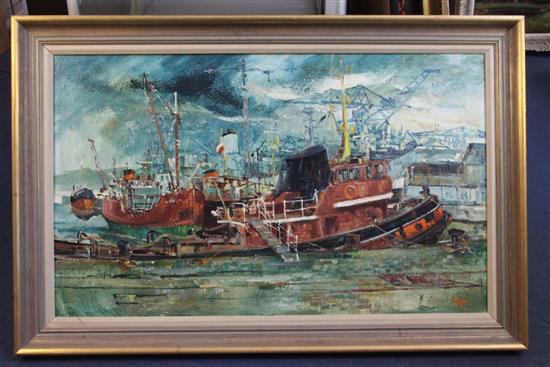 James Watt (Glasgow School) Trawler in harbour 22 x 36in.